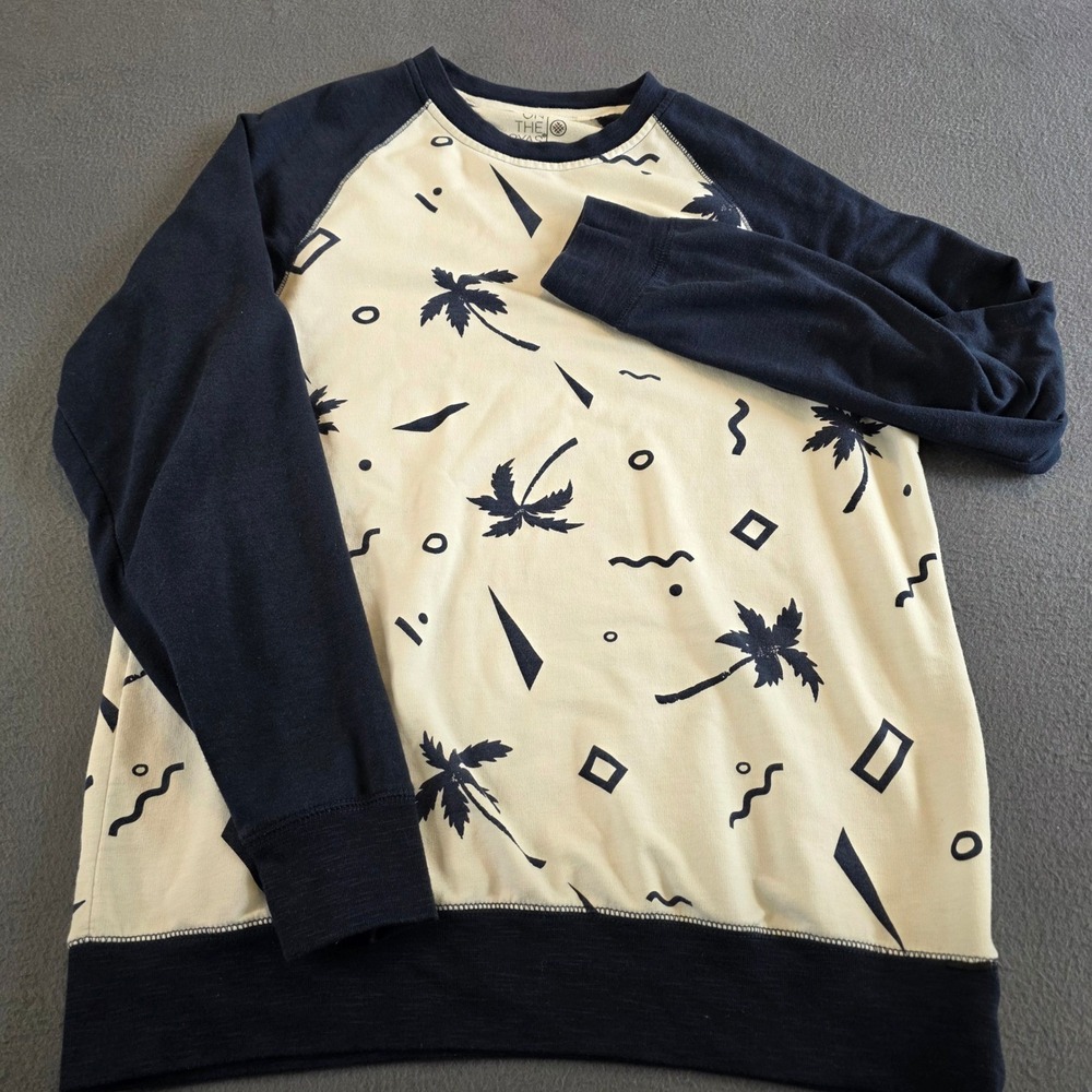 On The‎ Byas Mens L Crewneck Sweatshirt Navy Palm Tree Geometric Raglan Sleeve